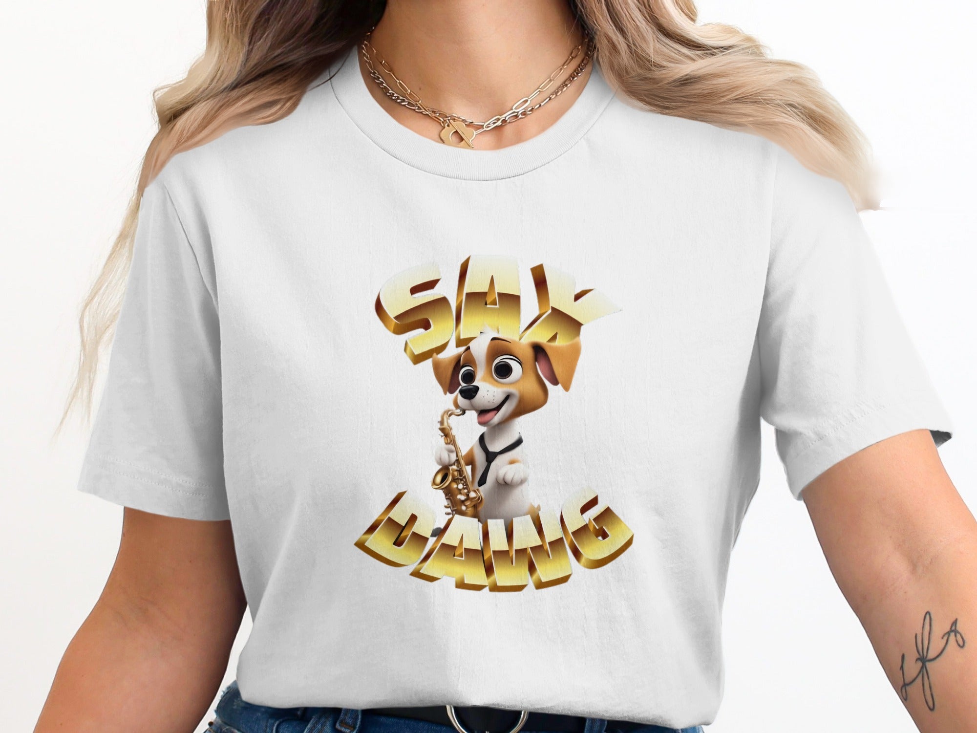 SAX GANG Graphic White Dog T-Shirt