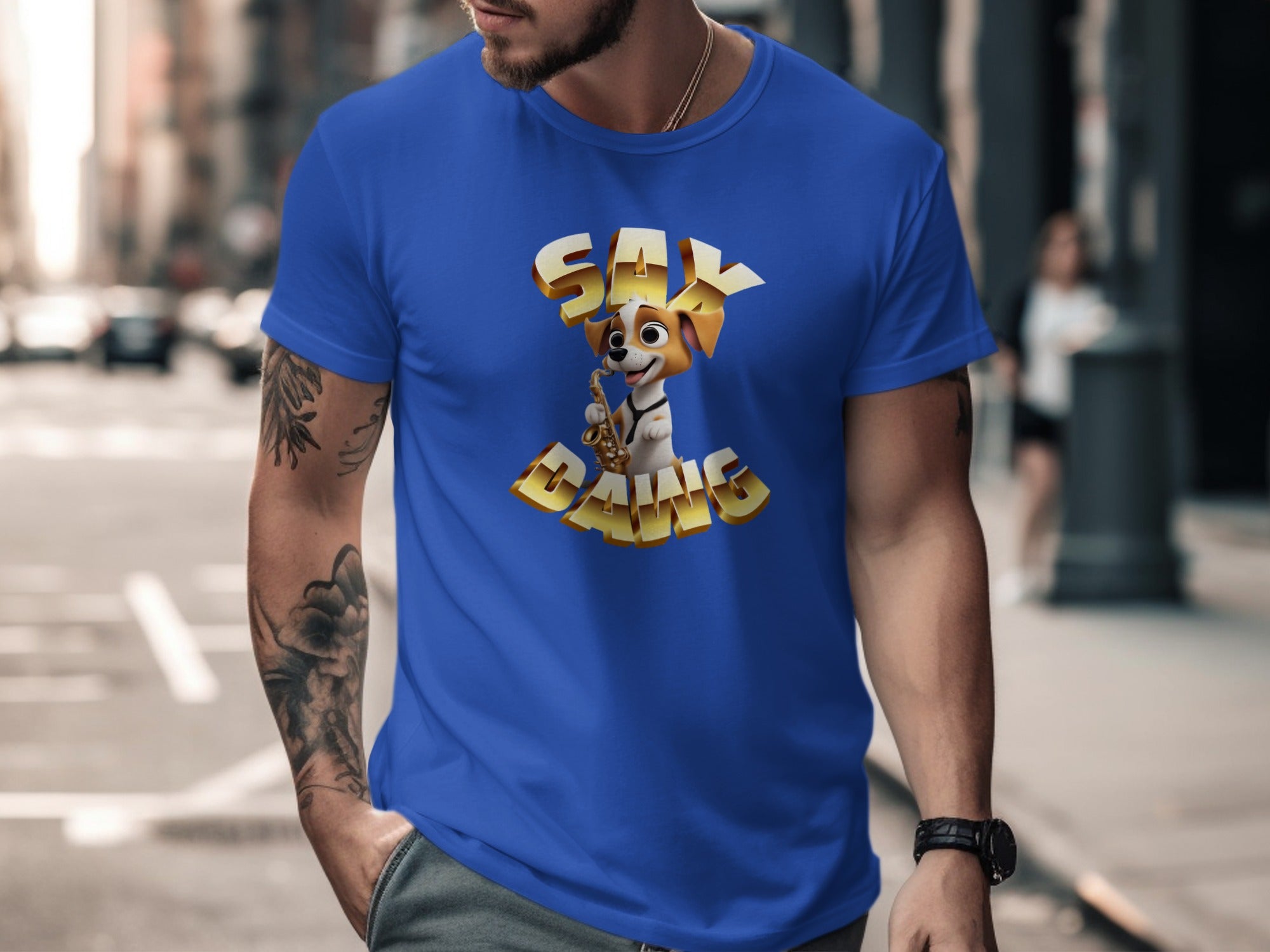 Funny Cartoon Dog Sax Gang Blue T-shirt