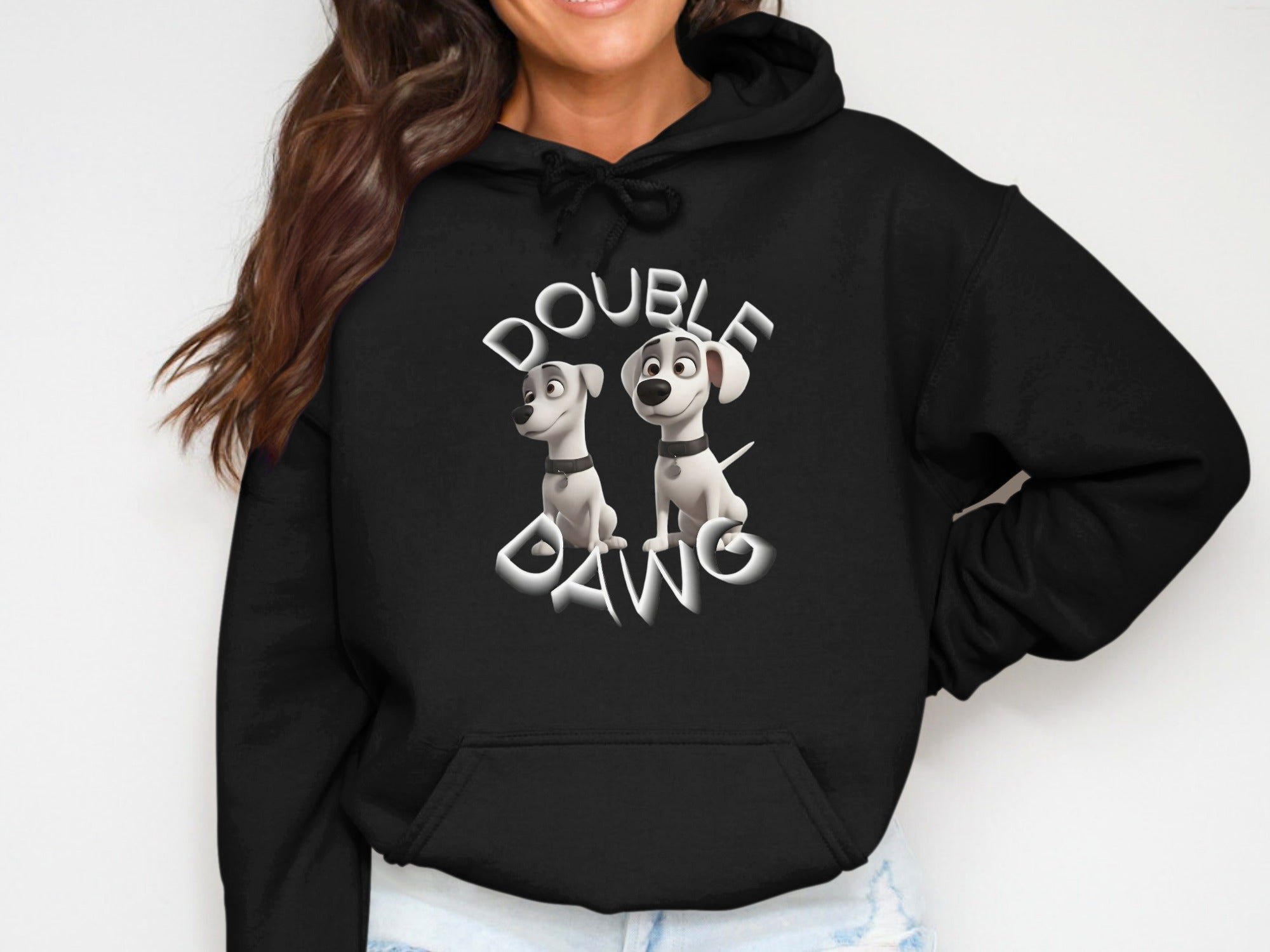 Double Dawg Black Hoodie with Cartoon Dogs Design