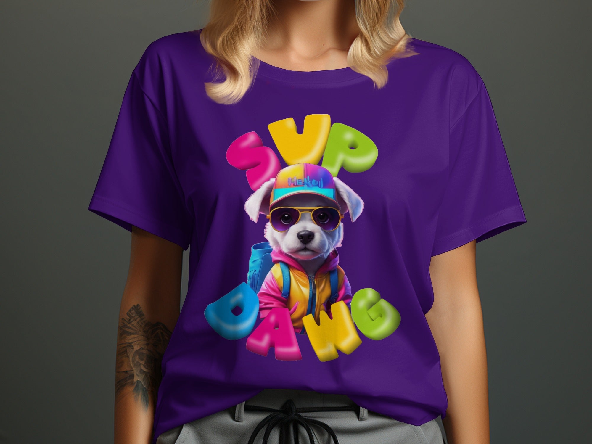 Colorful Sup Dawg Dog Wearing Hat Graphic T-shirt product type