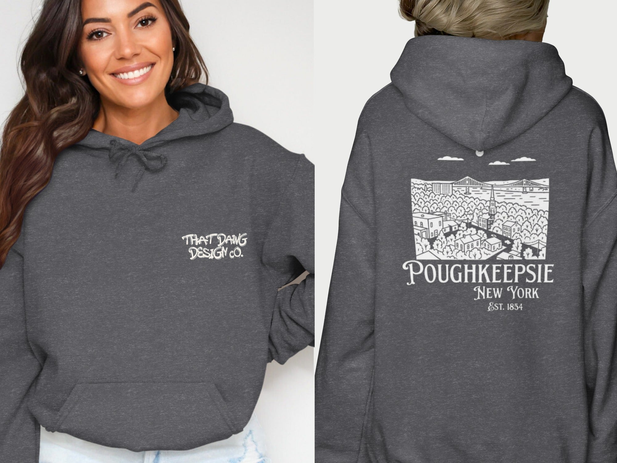 Poughkeepsie New York Gray Hoodie with Front and Back Designs