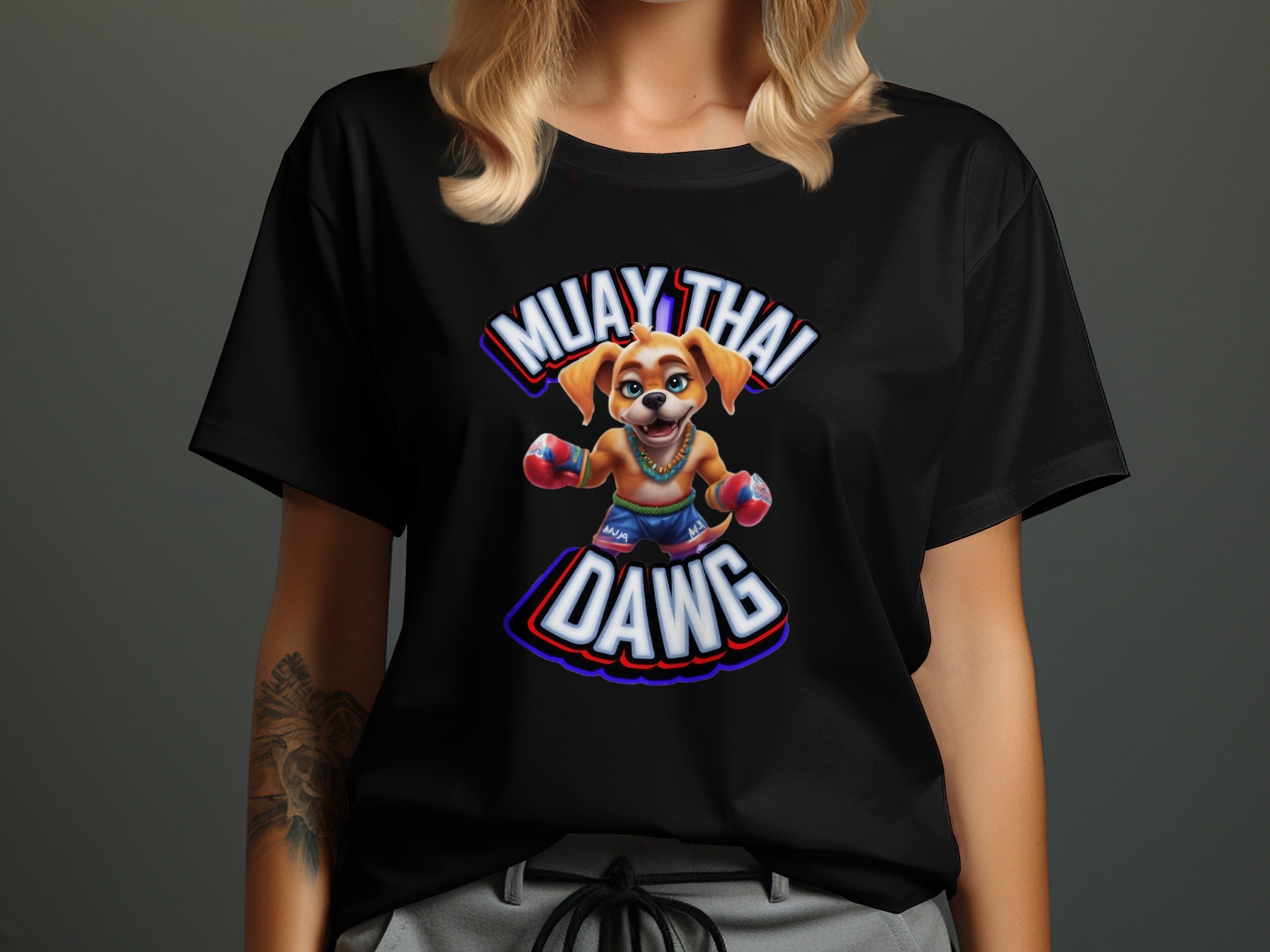 Muay Thai Dawg Cartoon Boxer Sports Graphic Tee