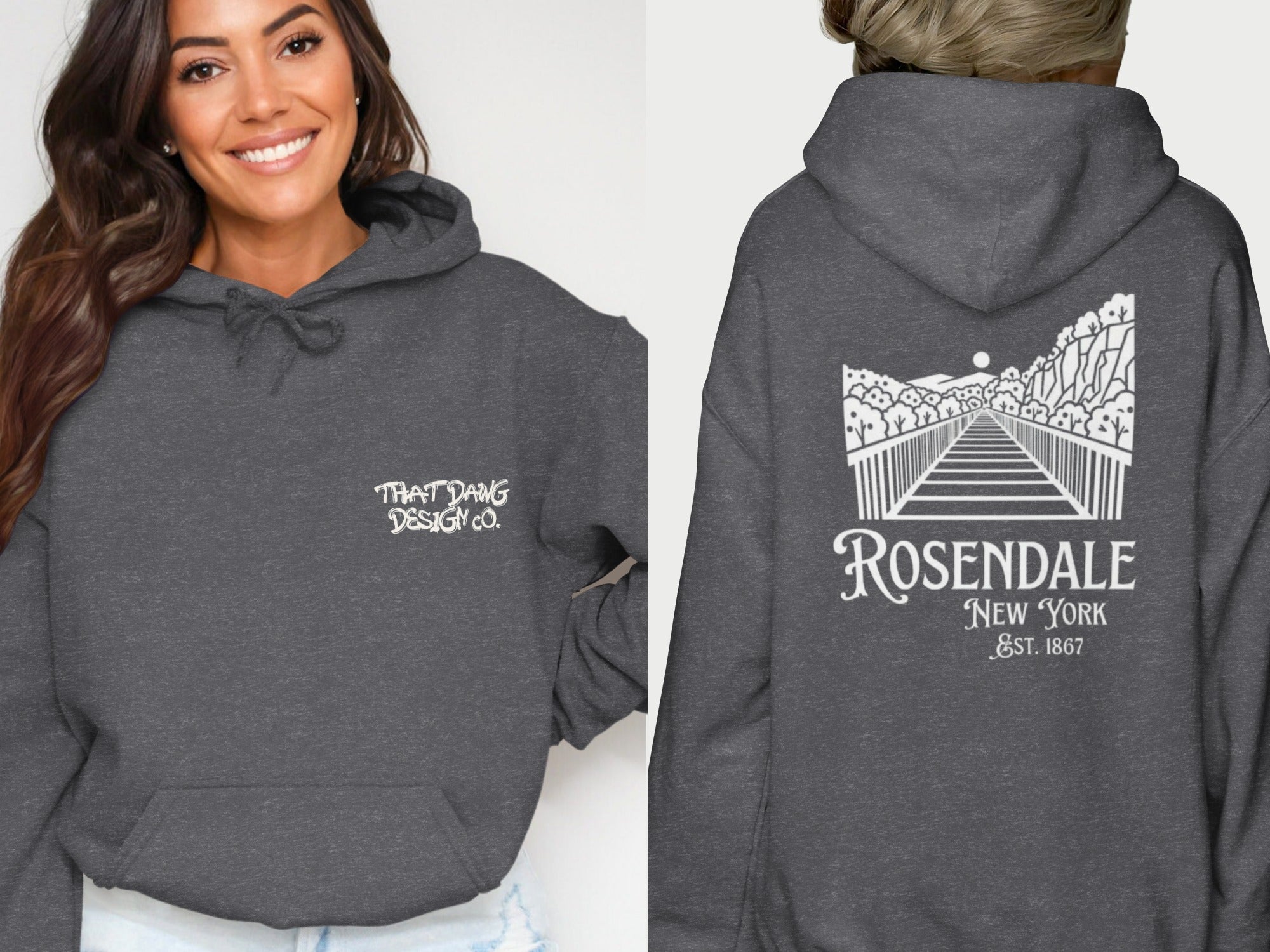 Rosendale New York Gray Hoodie with Back Graphic Design