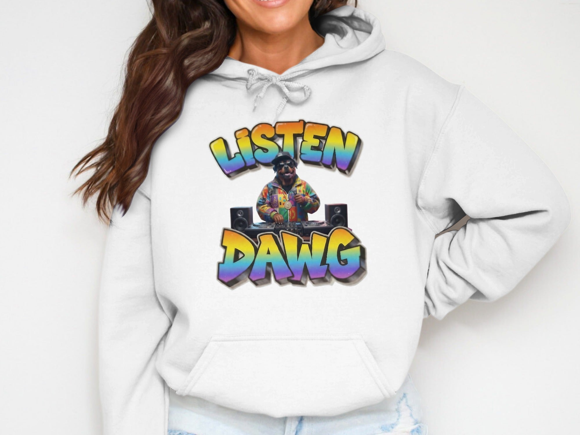Listen Dawg Hoodie with Colorful DJ Art product type