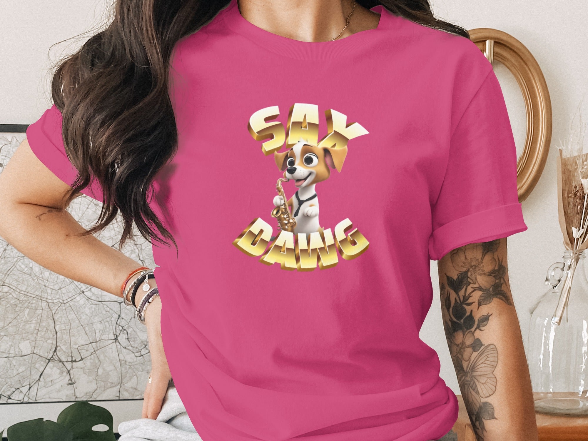 Cute Sax Dawg Cartoon Graphic Pink T-Shirt