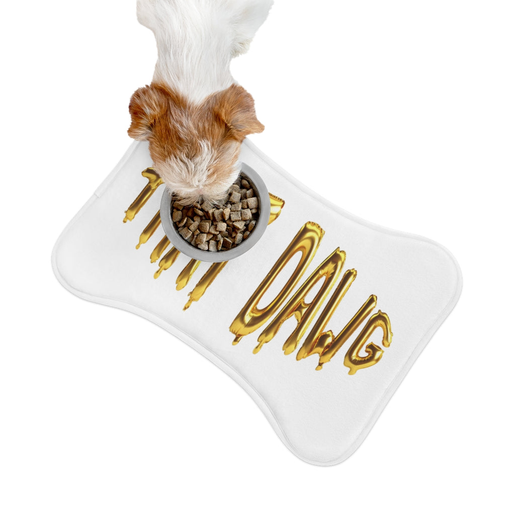 Funny Dog Food Bowl Mat with Gold Lettering Design