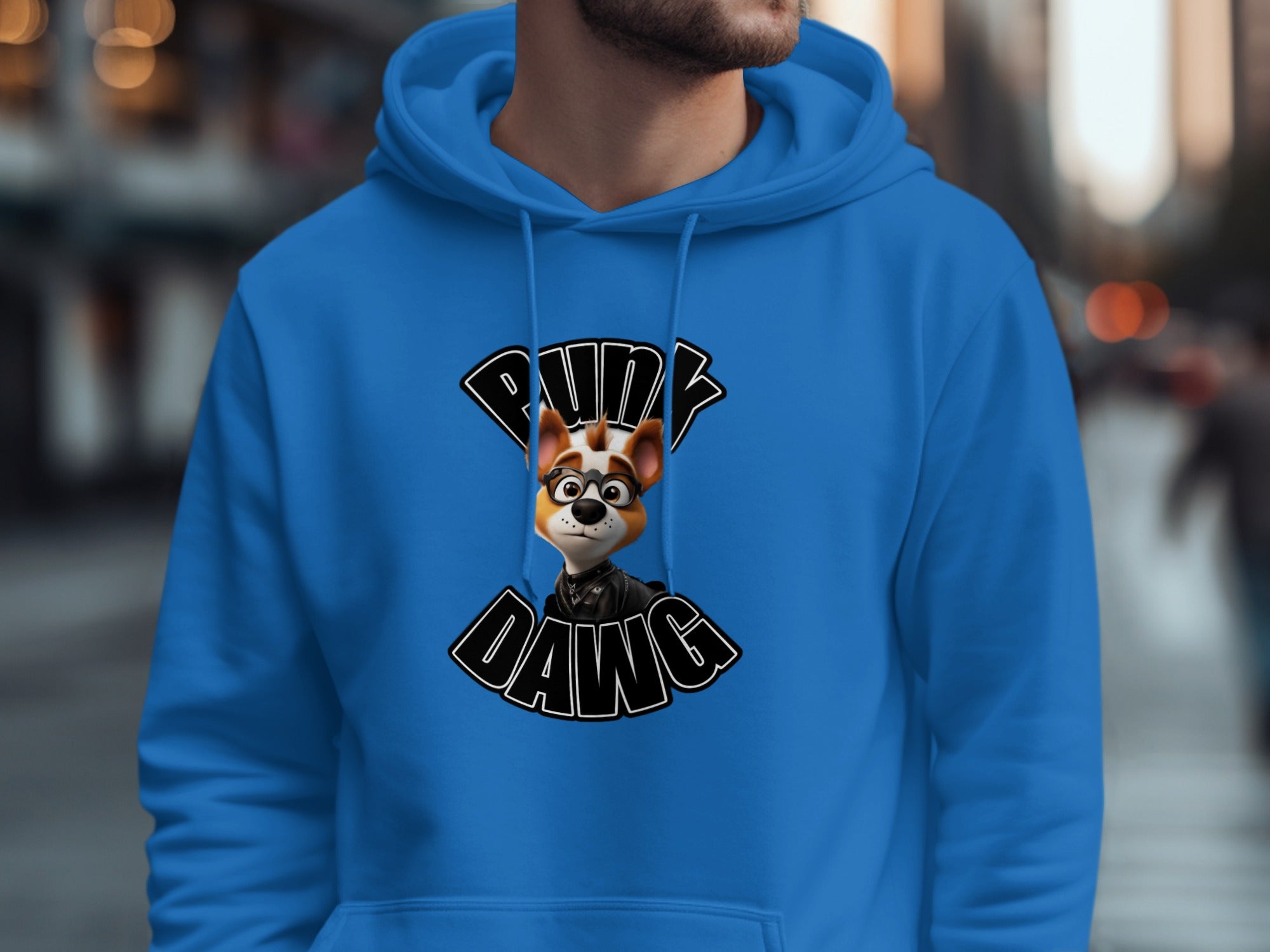 Pug Dawg Blue Hoodie with Cartoon Dog Design