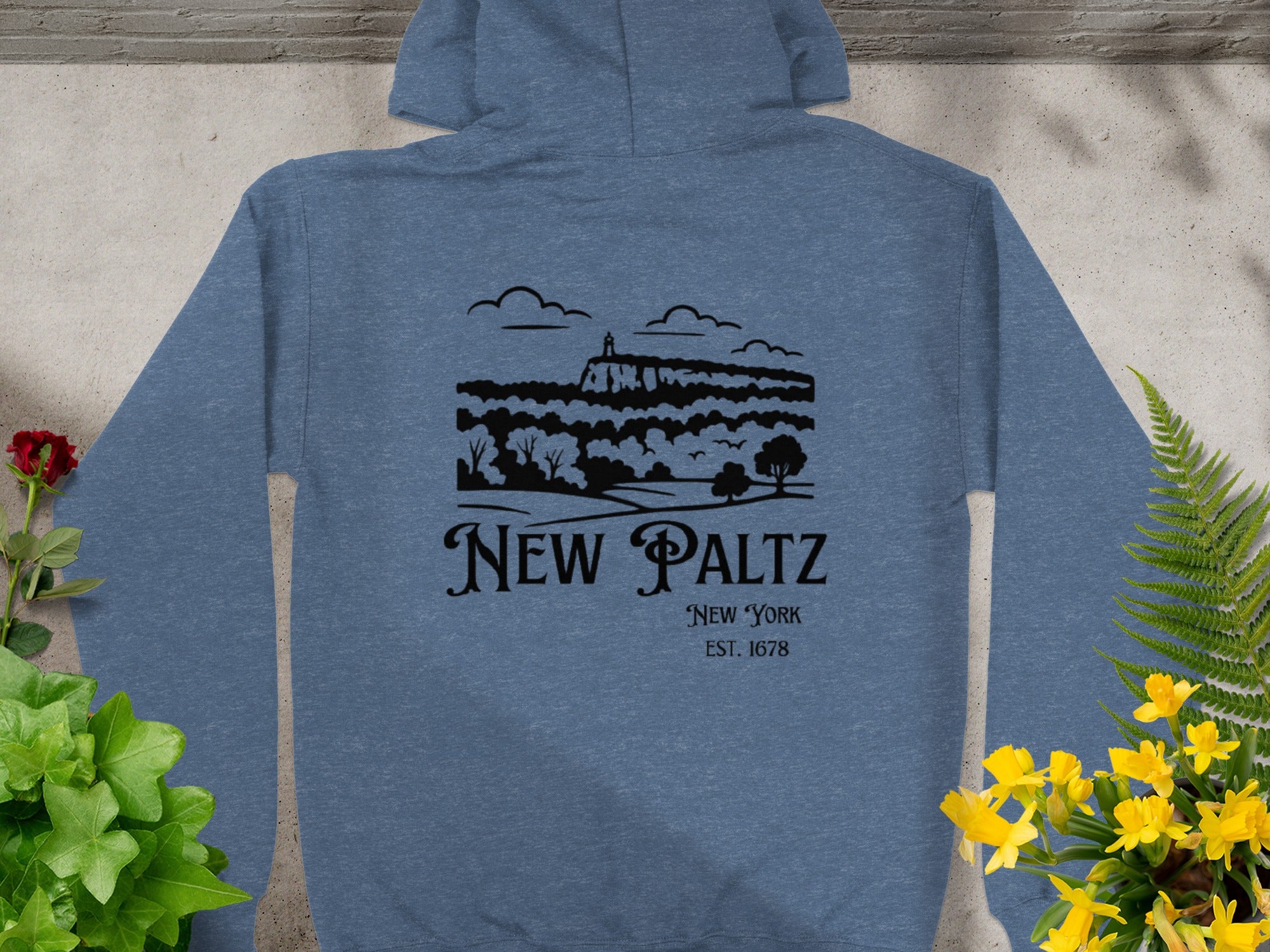 New Paltz New York Est 1678 Hoodie with Scenic Design