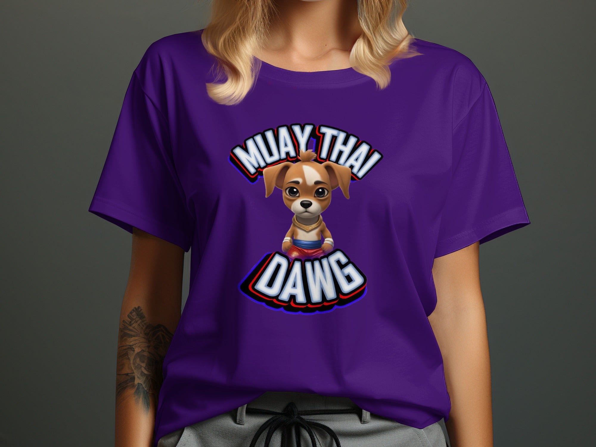 Muay Thai Dawg Purple Graphic Print T-Shirt