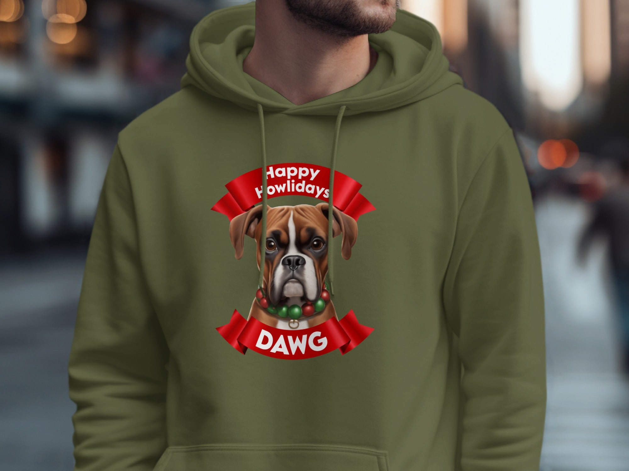 Festive Bulldog with Happy Howlidays Dawg Hoodie