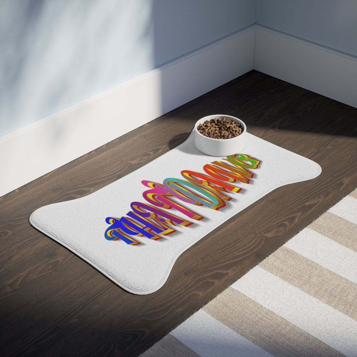 Rainbow Typography Pet Food Mat for Colorful Homes