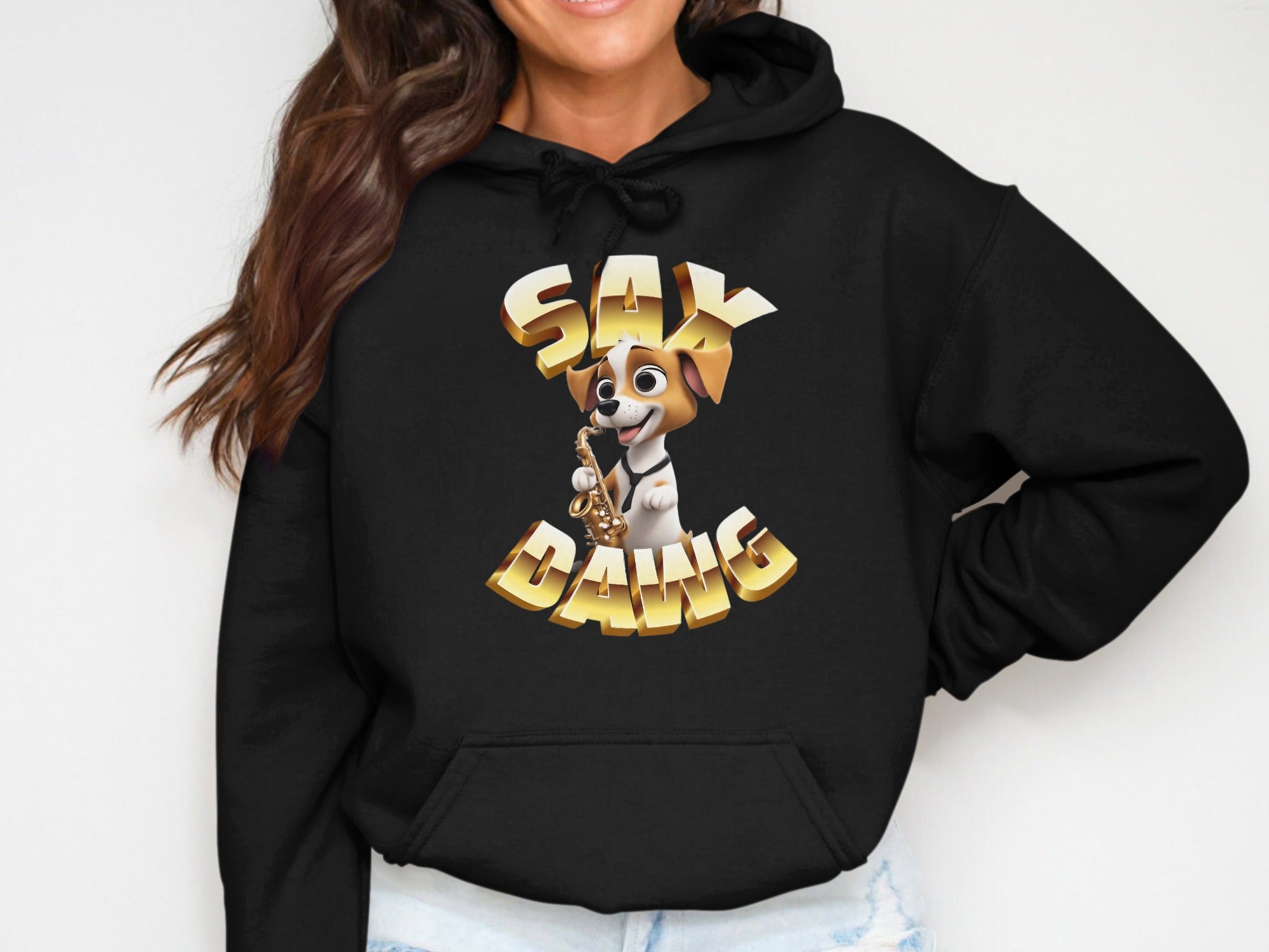 Sax Dawg Hoodie with Cartoon Dog Playing Saxophone