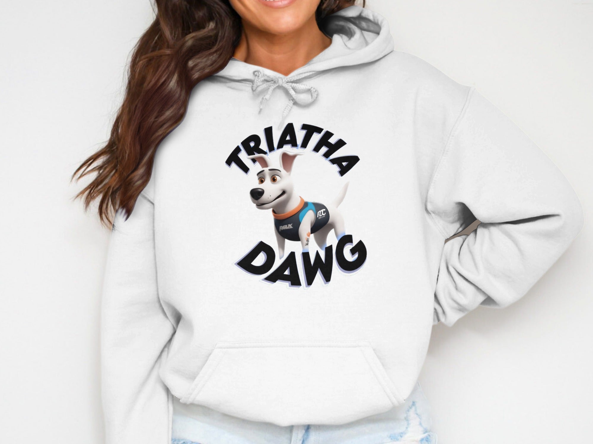 Triatha Dawg Hoodie with Running Dog Graphic Design