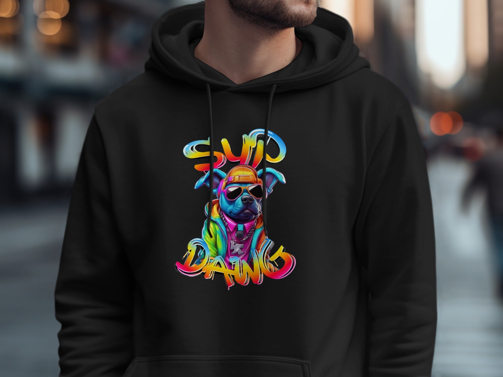 Stylish Colorful Dog Graphic Hoodie Vibrant Design product