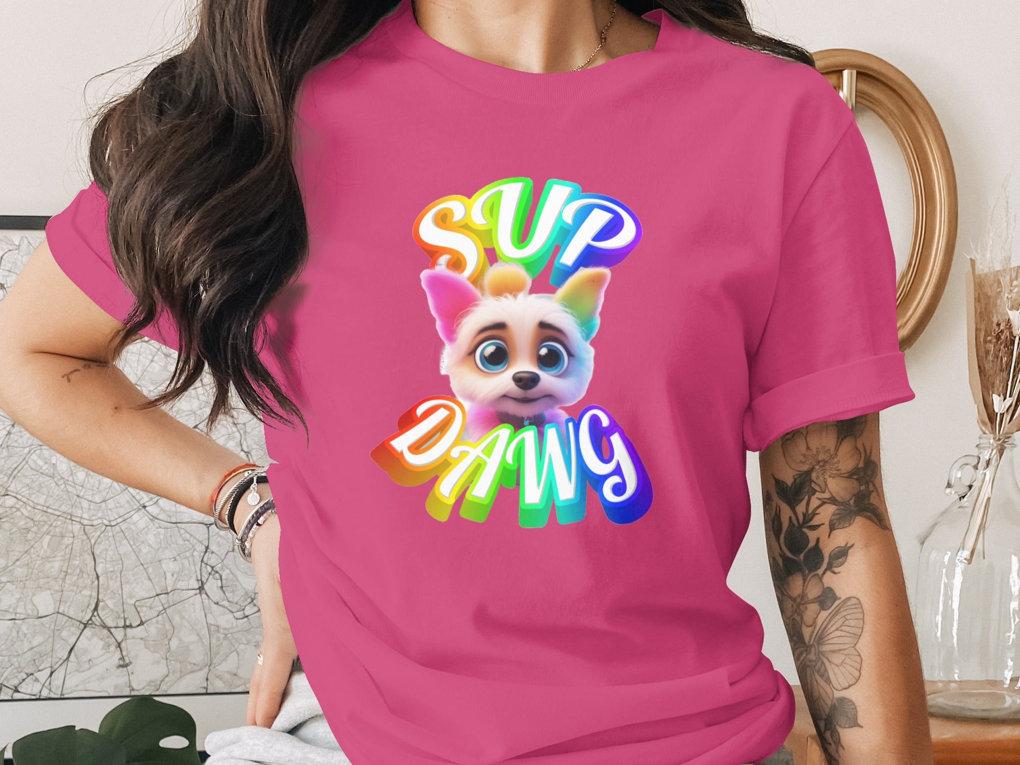 Colorful Sup Dawg novelty t-shirt product type