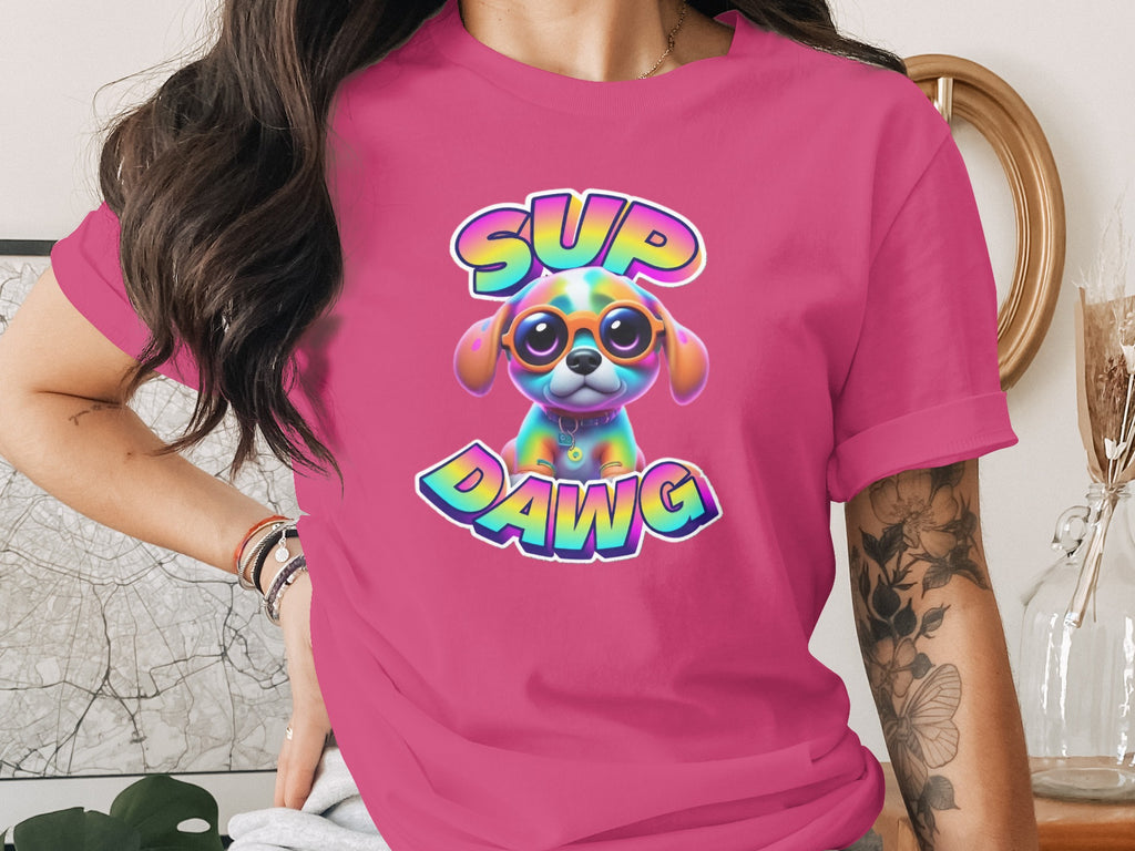 Cute Sup Dawg Pup with Glasses Rainbow Design Adult T-Shirt and Hoodie